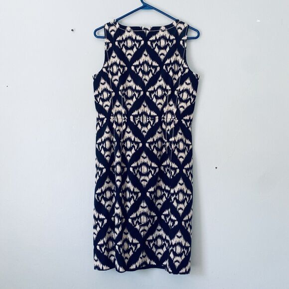 Talbots Dress 10 Navy Blue Ikat Prink Sleeveless Sheath Business Career Wedding - Picture 3 of 9